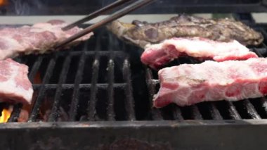 Barbekü ızgarasının üzerinde lezzetli bir domuz pirzolası pişirmenin yavaşlığı. Izgarada domuz eti pişir. Evin arka bahçesinde ızgarayla pişirilen yemekler.