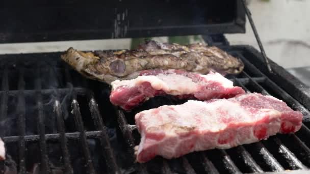 Slowmotion Chef Put Salt Cooking Tasty Ribs Pork Barbecue Grill — Videoclip de stoc