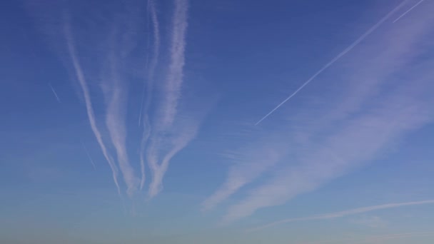 Passenger Plane Flying Blue Sky Fast Transport Leaves White Contrail — Video Stock