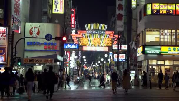 Osaka Japan April 2019 Tourist People Walking Night Neon Sign — 图库视频影像