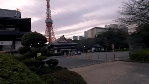 Tokio Japonia Lutego 2020 Tradycyjna Świątynia Zojoji Tłem Wieży Tokio — Wideo stockowe