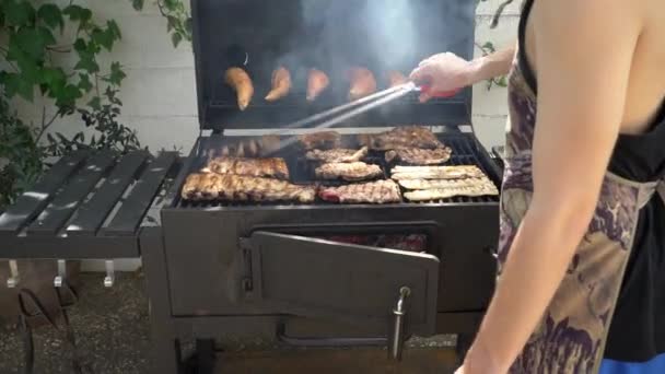 Chef Cooking Tasty Ribs Pork Barbecue Grill Close Delicious Grilled – Stock-video