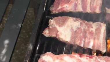 Barbekü ızgarasının üzerinde lezzetli bir domuz pirzolası pişirmenin yavaşlığı. Izgarada domuz eti pişir. Evin arka bahçesinde ızgarayla pişirilen yemekler.