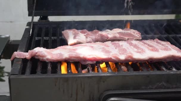 Slowmotion Chef Put Salt Cooking Tasty Ribs Pork Barbecue Grill — Videoclip de stoc