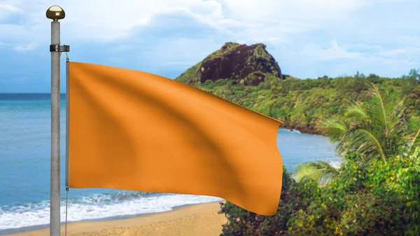 Orange flag mockup for you design on coast with waves in the tropical island. Layout mock up good use for your design preview. Mock-up with copy space. The wave ocean on the shore summer nature scene