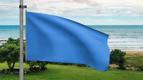 Μπλε Σημαία Mockup Για Σχεδιασμό Σας Στην Ακτή Αμμώδη Παραλία — Φωτογραφία Αρχείου