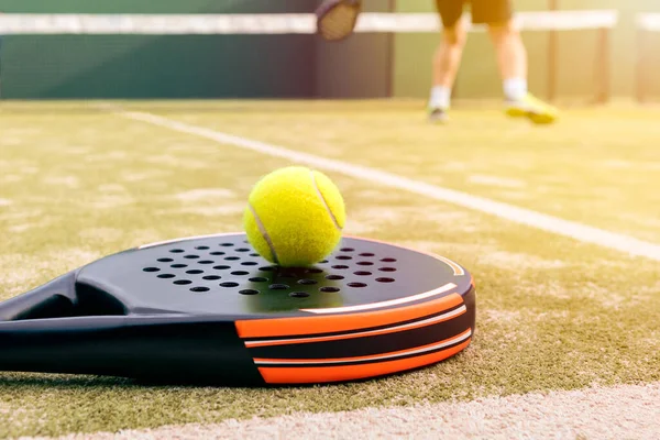 One Caucasian Mature Man Playing Net Yellow Ball Padel Racket — ストック写真