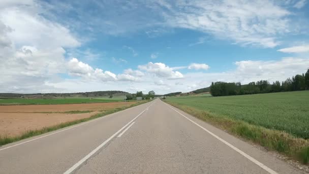 Driving Car Empty Regional Road Fields City Sunny Day Spain — Vídeo de stock