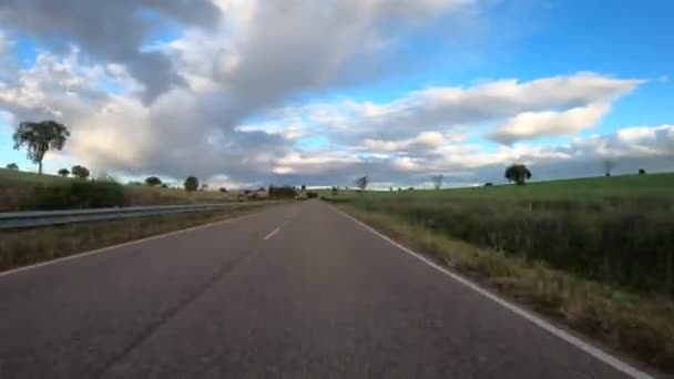 Timelapse Driving Car Empty Regional Road Fields City Sunny Day — Stock videók