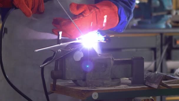 Slowmotion Man Welder Working Arc Welding Machine Workshop Sideways Flashes — Stockvideo