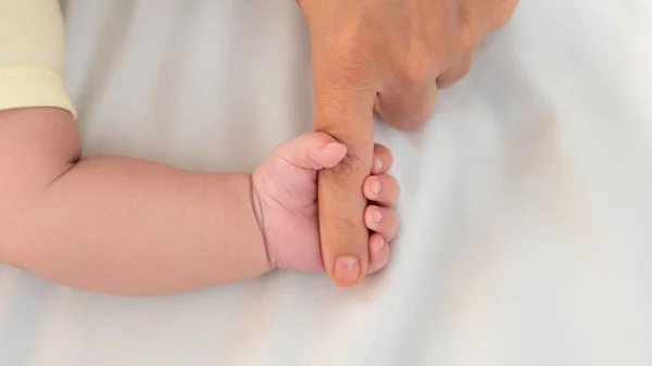 Close Baby Hand Holding Finger Mom Room Lot Sunlight Newborn — Photo