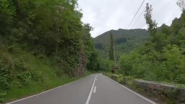 Povスペイン北部の緑の木々の森を介して空の道路上で車を運転 アストゥリアス州の自然公園でアスファルトの道 交通手段交通概念 — ストック動画