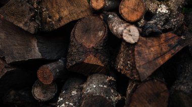 Yakacak odun depolama yeri yakın. Ahşap kütük dokusu stokları. Köyde odun kesiyordum. Odun yığını ve kırsal yaşam tarzı konsepti.