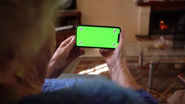 Faltige Hände Der Alten Frau Halten Ein Smartphone Mit Grünem — Stockvideo
