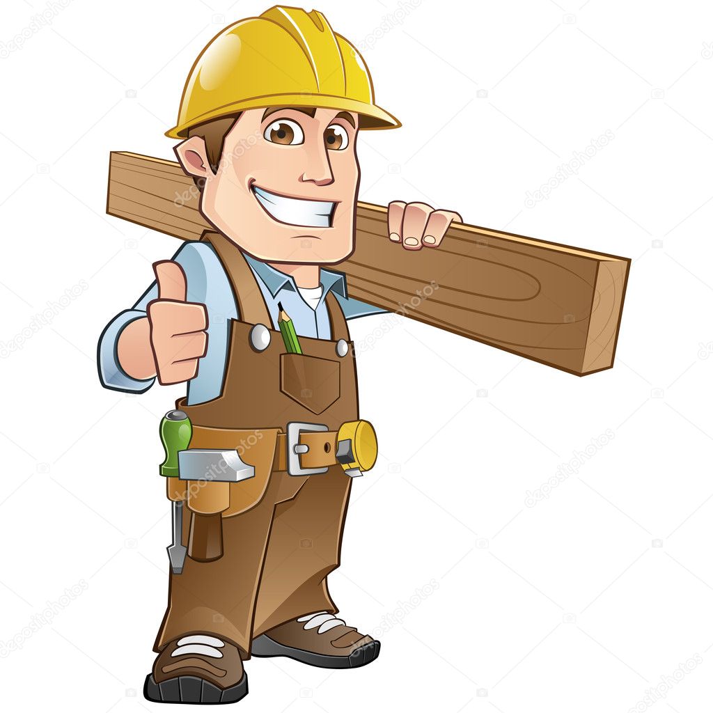 Плотник одет в рабочую одежду, с деревянной доской