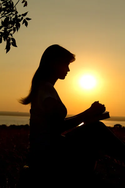 Silhouet van een meisje bidden met de Bijbel — Stockfoto