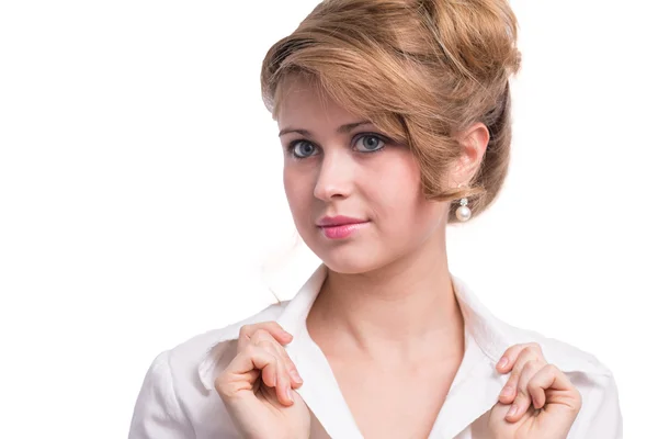 Portret of a cute fashionable girl in white shirt — Stock Photo, Image