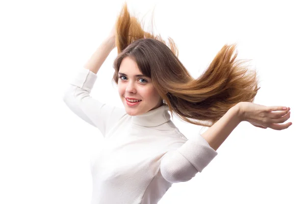 Active beautifu moving girl with luxurious flying hair — Stock Photo, Image