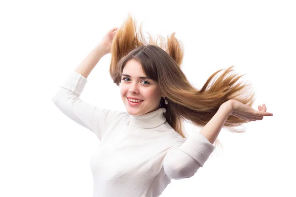 Active beautifu moving girl with luxurious flying hair — Stock Photo, Image