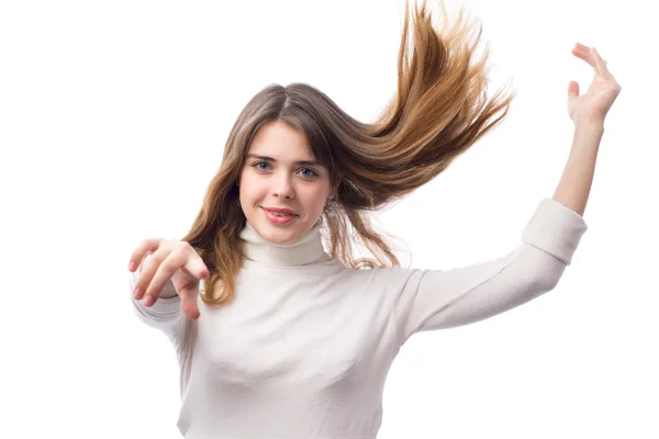 Active beautifu moving girl with luxurious flying hair — Stock Photo, Image