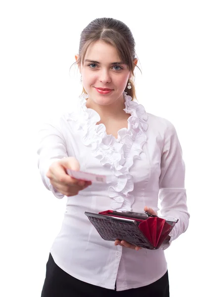 Beautiful smiling girl with a purse and 200 hryvnia in her hands — Stock Photo, Image