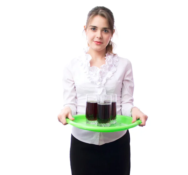 Schönes Mädchen der Kellner mit einem Tablett in der Hand — Stockfoto