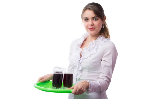 Schönes Mädchen der Kellner mit einem Tablett in der Hand — Stockfoto