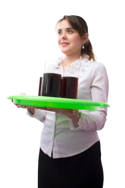 Beautiful girl the waiter with a tray in her hands — Stock Photo, Image