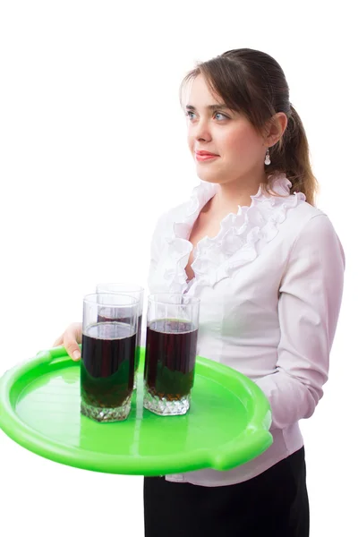 Menina bonita o garçom com uma bandeja em suas mãos — Fotografia de Stock