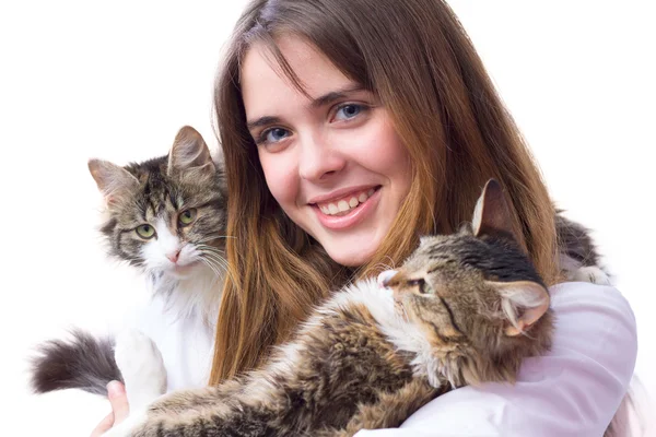Young gir lveterinarian in a white robe with kittens — Stock Photo, Image