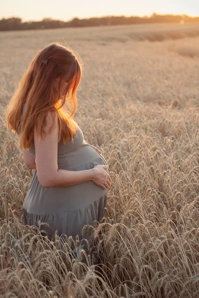 怀孕快乐的红头发女人摸着她的肚子 未来的年轻母亲在夕阳西下的麦田里散步 享受着乡村的自然 健康怀孕的概念 孕妇在户外放松 — 图库照片