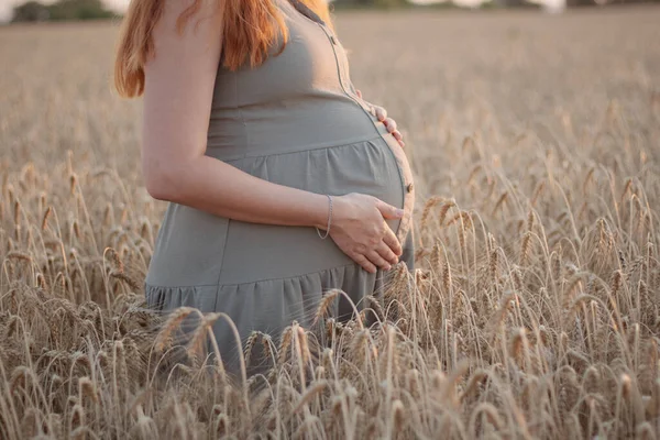 年轻孕妇在麦田里的手触摸腹部 未来的母亲在大自然中散步和放松 健康的怀孕观念 — 图库照片