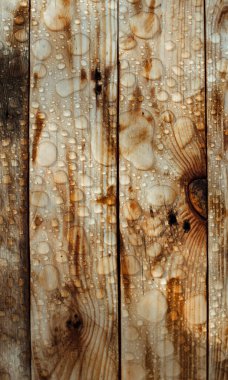 Yağmurdan parlak su damlaları, ıslak ahşap kalaslar, üst manzara.