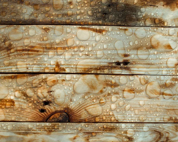 background of lacquered burnt wood texture with shiny water drops from the rain, wet wooden planks, top view