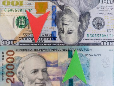 Part of American money and Armenian money, Armenian banknotes of 20,000 and 100 US dollars. Currency exchange. The growth of the Armenian drams and the decline of the American dollar. Green, red arrow