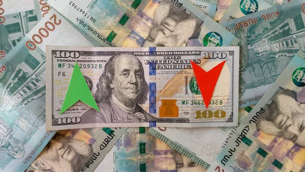 Part of American money and Armenian money, Armenian banknotes of 20,000 and 100 US dollars. Currency exchange. fluctuations in the exchange rate of the Armenian drams and the American dollar. Green and red arrow.