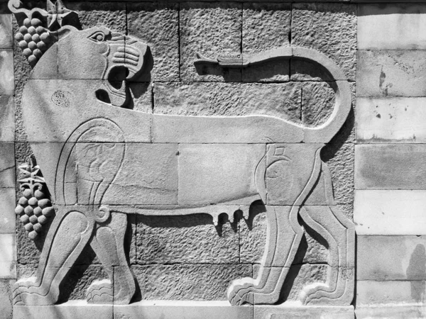 YEREVAN, ARMENIA - EPTEMBER 2022: Erivan 'daki Erebuni Müzesi' nin girişini süsleyen taştan oyulmuş bir aslanın ayrıntısı. Yılan kuyruklu bir aslan heykeli. Siyah ve beyaz resim.