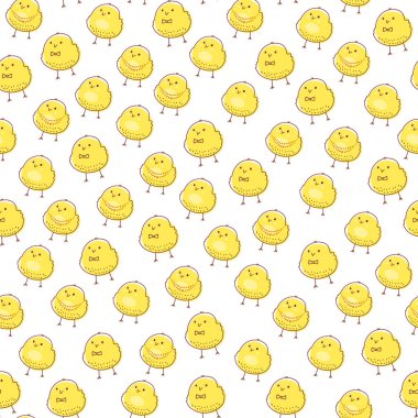 Yumurtadan çıkmış bir piliç. Kusursuz bir doku. Tavuğun karalama çizimi. Çizgi filmlerdeki hayvanlar. Kumaş, duvar kağıdı, ambalaj kağıdı, tekstil, yatak, tişört baskısı için mükemmel. El çizimi vektör illüstrasyonu