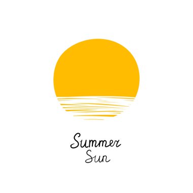 Sarı güneş. Yaz, güneş, doğa. Beyaz arkaplanda vektör çizimi izole edildi. El yapımı.. 