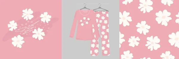 ピンクの背景に花柄のグラフィックデザインのドドル 女の子 女性のためのシームレスなパターン レディース デザイナーのパジャマ ベクトルイラスト シャツ Tシャツの組版 手描き — ストックベクタ