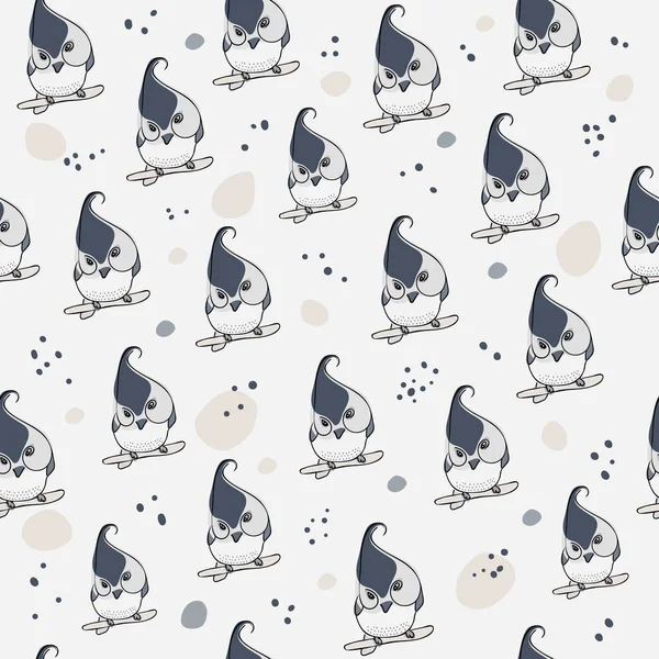 Karalama kuşu, gri arka planda çizgi film hayvanları. Çocuklar için kusursuz bir model. Çocuk pijamaları. Vektör çizimi. Giysilerin, gömleklerin, tişörtlerin tipografisi. El çizimi.. 