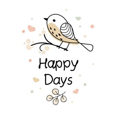 Beyaz arka planda renkli, el çizimi küçük bir kuş. Tişörtüne basmaya hazır pembe bir kuşun resimlerini içeren vektör tipografik tasarımı 