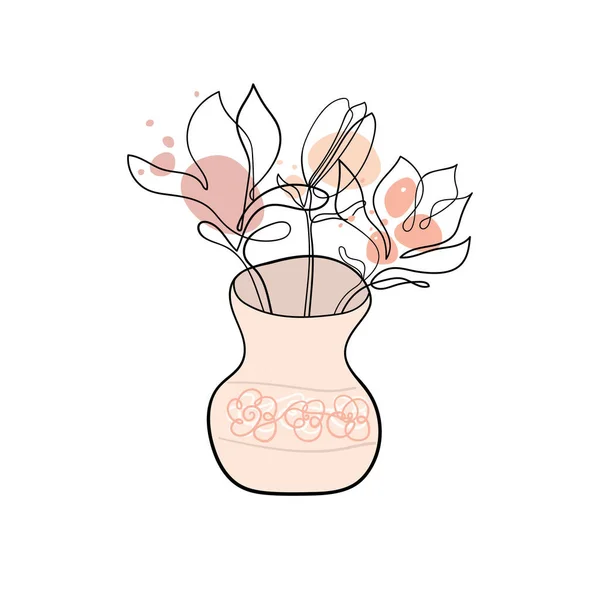 Floral Vases Blooming Spring Flowers Leaves Herbs Jugs Teapots Magnolia — Stock Vector