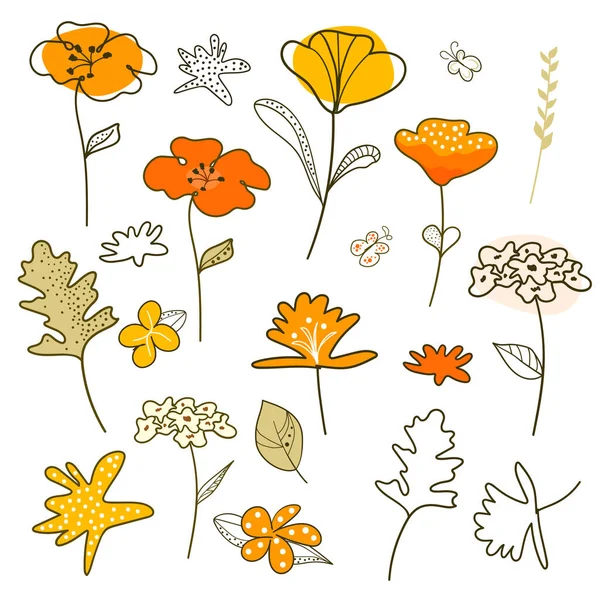 Blumengrafik Illustration Vektorset Aus Floralen Elementen Mit Handgezeichneten Blumen Doodle — Stockvektor