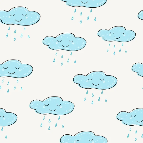 Beyaz arka planda renkli yağmur damlaları olan sevimli bir gülümseme bulutu. Elle çizilmiş geometrik dikişsiz desen. Vektör illüstrasyonu.