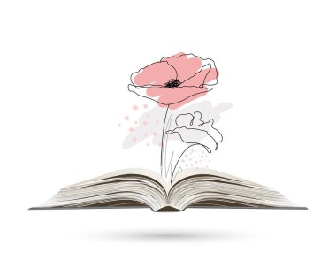 Continuous line drawing of poppy flowers on an open book. Abstract minimal poppy. Doodle. Line art