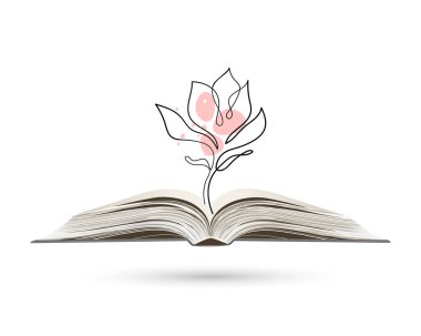 Continuous line drawing of magnolia flowers on an open book. Abstract minimal poppy. Doodle. Line art