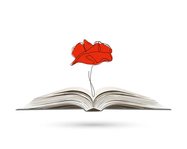 Continuous line drawing of poppy flowers on an open book. Abstract minimal poppy. Doodle. Line art