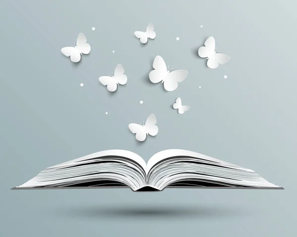 An open book from which paper butterflies fly
