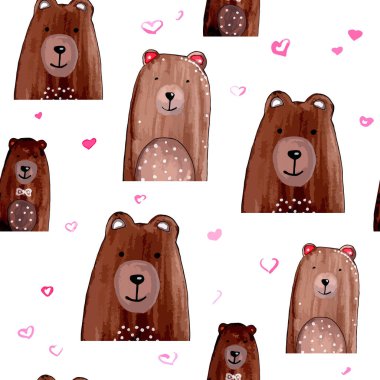 Drawn bears, seamless pattern. Watercolor. Vector illustration
